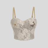 Floral Sequin High-Waist Slim Waist Strap Top