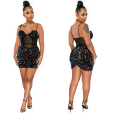 Women's Fashion Sexy Strap Sequin Mesh See-Through Zipper Midi Dress