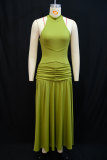 Women's Spring Fashion Halter Neck Slim Waist Ruched Solid Color Gown Dress