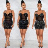 Women's Fashion Sexy Strap Sequin Mesh See-Through Zipper Midi Dress