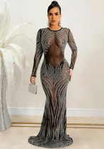 Women's Nightclub Style Sexy Beaded Mesh See-Through Long Sleeve Maxi Dress
