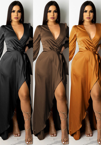 Women's Fashion Sexy Solid Color Deep V Lace-Up Long Sleeve Slit Maxi Dress