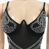 Women's Fashion Beaded Sexy Strap See-Through Mesh Maxi Dress