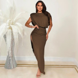 Women's Fashion Solid Color Round Neck Sleeveless Ruched Irregular Slit Maxi Dress