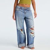 Women's Spring Washed Blue High-Waist Ripped Straight-Leg Denim Pants