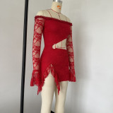 Women Autumn Sexy Lace Patchwork Off Shoulder Hollow Mini Dress