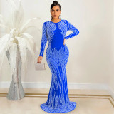 Women's Nightclub Style Sexy Beaded Mesh See-Through Long Sleeve Maxi Dress