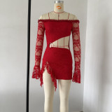 Women Autumn Sexy Lace Patchwork Off Shoulder Hollow Mini Dress