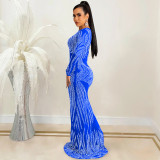 Women's Nightclub Style Sexy Beaded Mesh See-Through Long Sleeve Maxi Dress