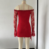 Women Autumn Sexy Lace Patchwork Off Shoulder Hollow Mini Dress