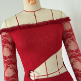 Women Autumn Sexy Lace Patchwork Off Shoulder Hollow Mini Dress