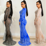 Women's Nightclub Style Sexy Beaded Mesh See-Through Long Sleeve Maxi Dress