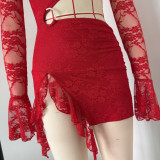 Women Autumn Sexy Lace Patchwork Off Shoulder Hollow Mini Dress