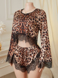 Women Leopard Print Lace Bell Bottom Sleeve Round Neck Sexy Pajama Two-Piece Set
