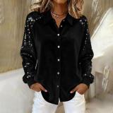 Women Velvet Patchwork Sequin Turndown Collar Long-Sleeved Shirt