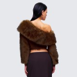 Women Autumn/Winter Furry Slash Shoulder Turndown Collar Long-Sleeved Top