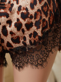 Women Leopard Print Lace Bell Bottom Sleeve Round Neck Sexy Pajama Two-Piece Set