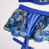 Women Blue Floral Embroidered Mesh Patchwork Camisole See-Through Three-Piece Sexy Lingerie