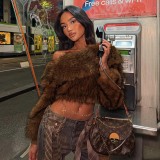 Women Autumn/Winter Furry Slash Shoulder Turndown Collar Long-Sleeved Top