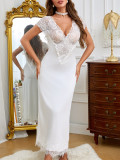 Women Black and White Lace Patchwork V-Neck Sleeveless Nightgown