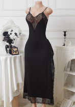 Plus Size Women Sexy Lace Slit Slip-On Sexy Maxi Dress Set