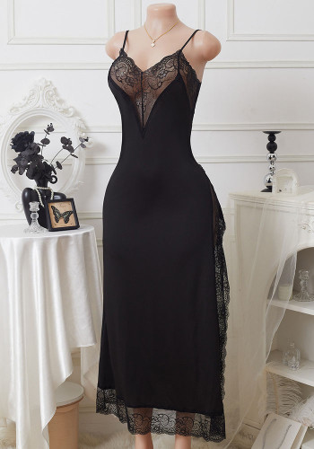 Plus Size Women Sexy Lace Slit Slip-On Sexy Maxi Dress Set