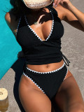 Women V-Neck Halter Neck Lace-Up Color Block Lace Solid Two Pieces Swimsuit