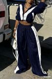 Women Stand Collar Color-Blocked Long-Sleeved Top and Pants Two-Piece Set
