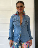 Women Spring and Autumn Double Pocket Long-sleeved Denim Shirt