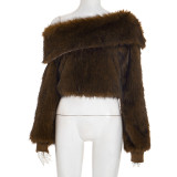 Women Autumn/Winter Furry Slash Shoulder Turndown Collar Long-Sleeved Top