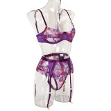 Women Blue Floral Embroidered Mesh Patchwork Camisole See-Through Three-Piece Sexy Lingerie
