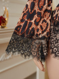Women Leopard Print Lace Bell Bottom Sleeve Round Neck Sexy Pajama Two-Piece Set
