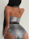 Women Sexy Halter Neck Shiny One-Piece Swimsuit