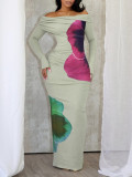 Women Off-Shoulder Long-Sleeved Printed Maxi Dress