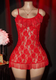 Women Red Sexy Lace See-Through V Neck Open Back Slip-On Nightgown