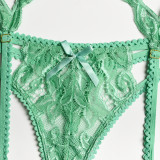 Women Lace Patchwork Bow Cross Garter Sexy Lingerie Three-Piece