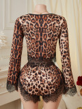 Women Leopard Print Lace Bell Bottom Sleeve Round Neck Sexy Pajama Two-Piece Set