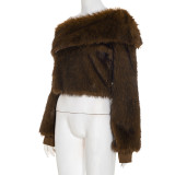 Women Autumn/Winter Furry Slash Shoulder Turndown Collar Long-Sleeved Top