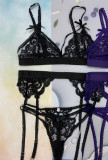 Women Lace Patchwork Bow Cross Garter Sexy Lingerie Three-Piece