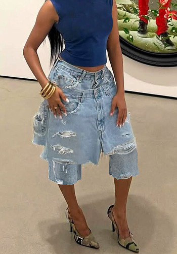 Women Casual Ripped Denim Capri Pants