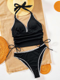 Women V-Neck Halter Neck Lace-Up Color Block Lace Solid Two Pieces Swimsuit