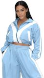 Women Stand Collar Color-Blocked Long-Sleeved Top and Pants Two-Piece Set