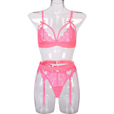Women Lace Patchwork Bow Cross Garter Sexy Lingerie Three-Piece
