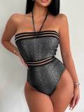 Women Sexy Halter Neck Shiny One-Piece Swimsuit