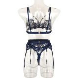 Women Lace Patchwork Bow Cross Garter Sexy Lingerie Three-Piece