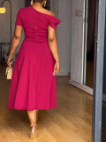 Plus Size Women Summer Elegant Solid Slash Shoulder Dress