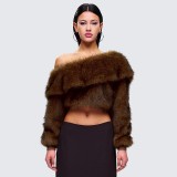 Women Autumn/Winter Furry Slash Shoulder Turndown Collar Long-Sleeved Top