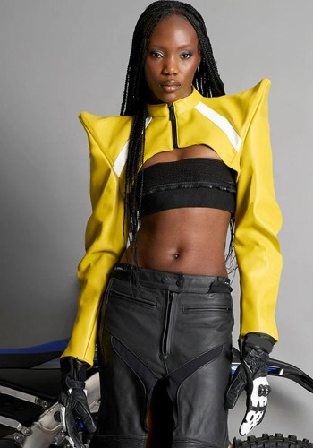 Women Autumn American Style Stand Collar Color Block Long Sleeve Jacket