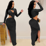 Women Solid Round Neck Long-Sleeve Hollow-Out Slit Maxi Dress