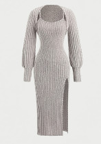 Women Autumn/Winter Casual Slit Solid Strap Dress and Long-Sleeved Crop Top Two-piece set